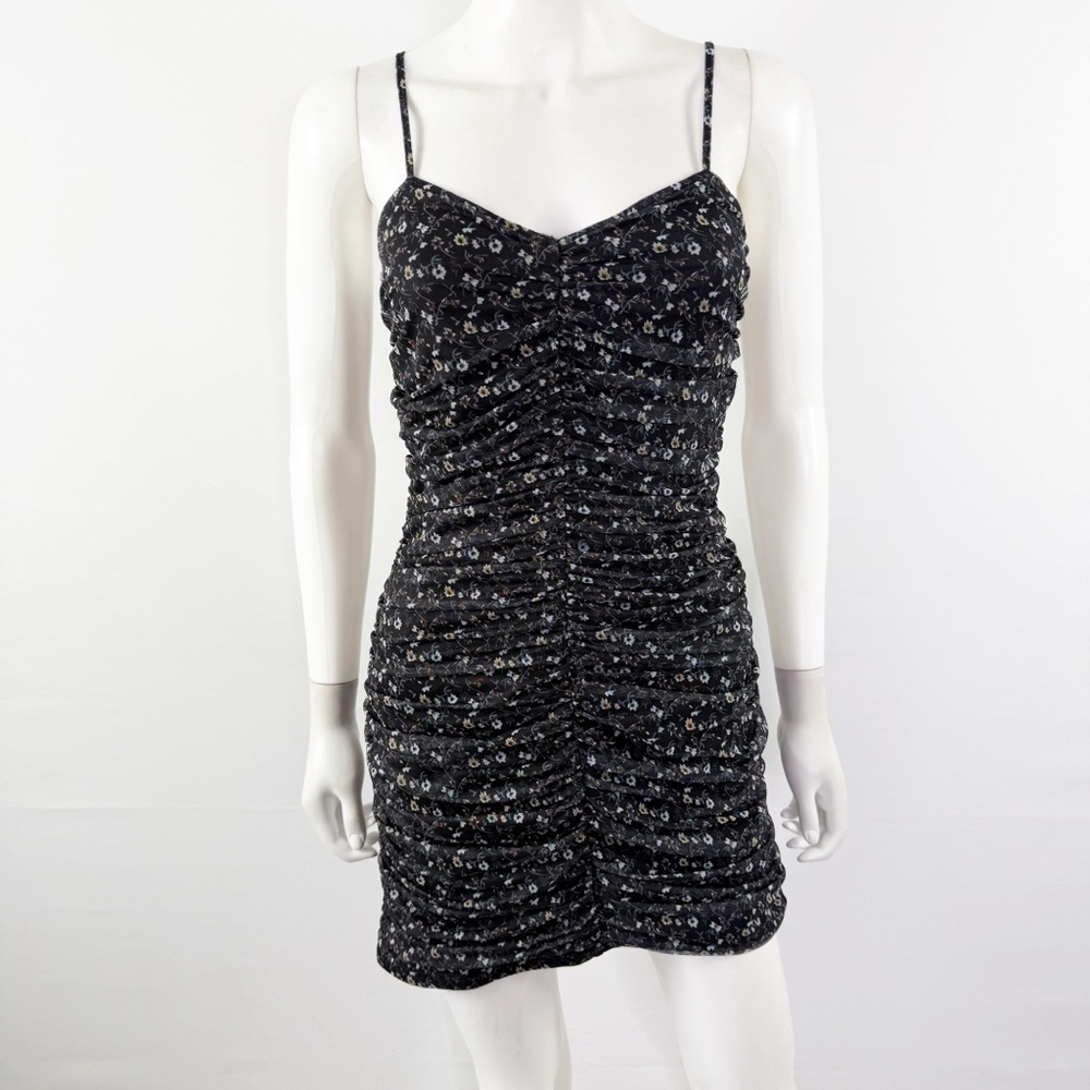 Le Lis Black Ditsy Floral Shirred Mesh Mini Dress Size M Grunge Whimsigoth Y2K